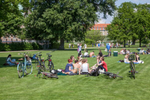 People and bikes on the grass of Churchill Park, Copenhagen.