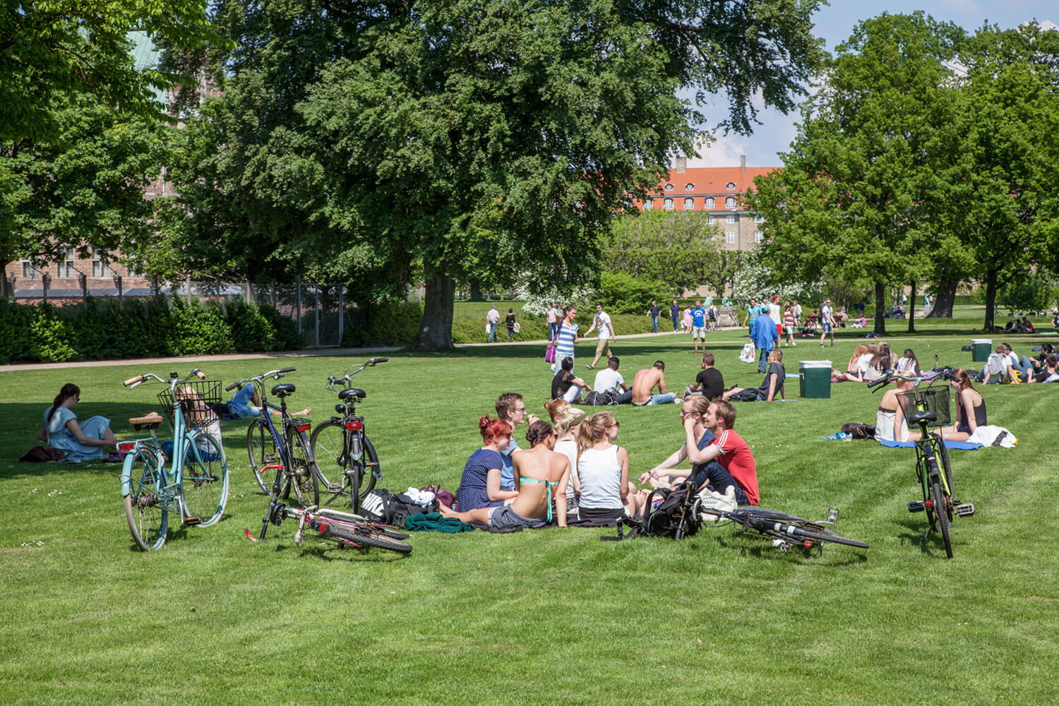 Pessoas e bicicletas no relvado do Churchill Park, em Copenhaga.