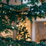 Árvore de Natal, verde, iluminada com luzes douradas, no interior de uma casa de família.