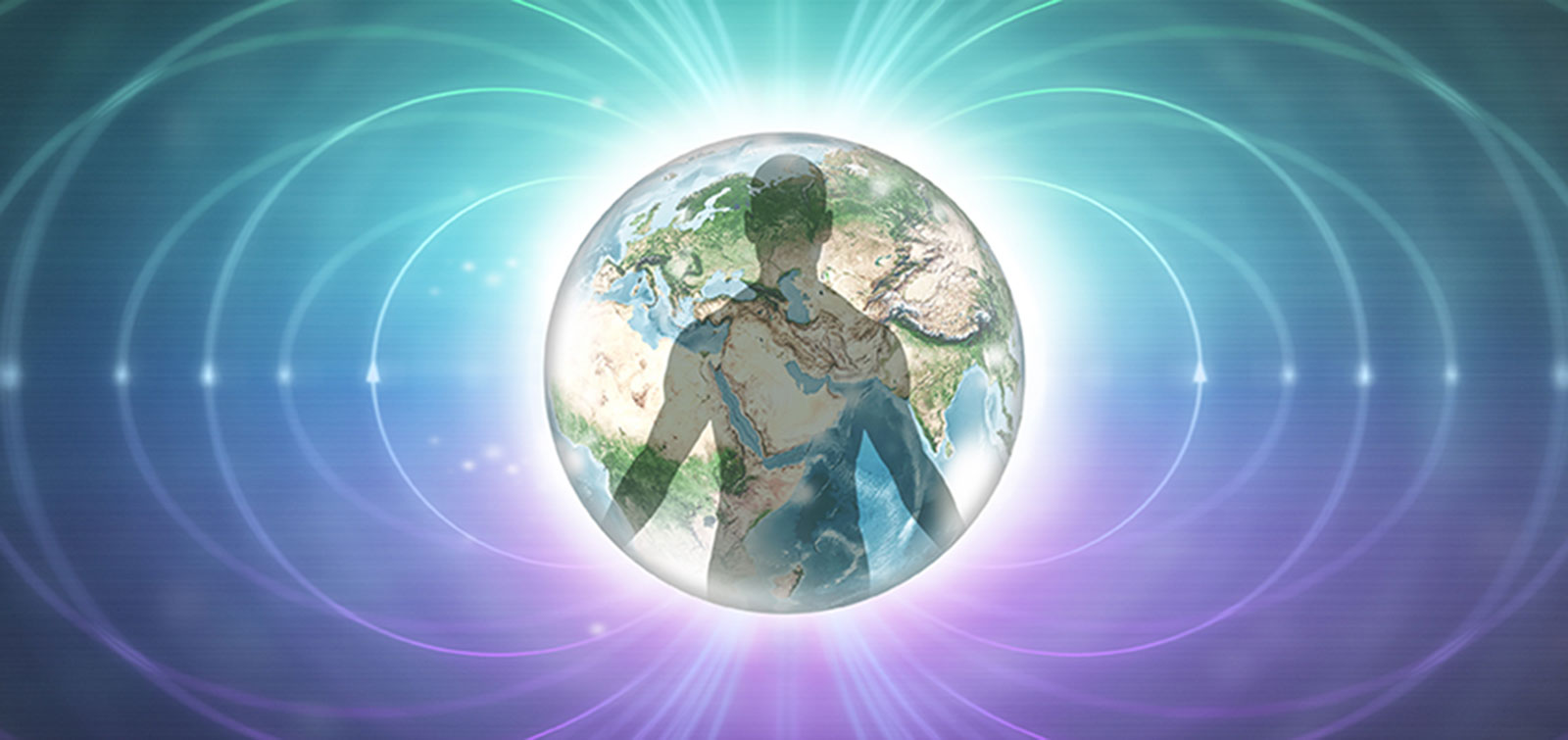 Corpo humano no centro do planeta Terra, rodeado de energia circular que expande ao campo quântico, em tons de azul, verde, branco e roxo.